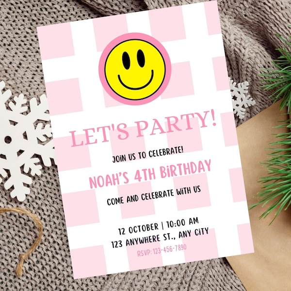 Birthday Invitation for Girl Preppy Smiley Face Editable Template Girl Birthday Invite Printable & Digital Invitation