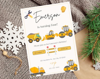 May include: A yellow and white construction themed birthday invitation for a boy turning four. The invitation features a yellow dump truck, a yellow bulldozer, a yellow steamroller, and a yellow construction cone. The text on the invitation reads "Emerson is turning four!" and includes the date, time, and location of the party.
