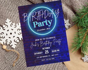 Neon Birthday Invitation Glow Blue Birthday Invitation 10th Birthday Invitation, Teenager Birthday Invitation, Boy Birthday