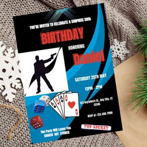 60er Jahre Geburtstagseinladung Spion Geheimagent Party einladen | Bearbeitbarer digitaler Download | Elegante Geburtstagsvorlage