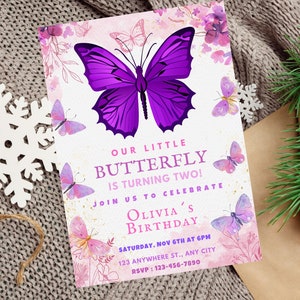 Butterfly Birthday Invitation Purple Butterfly Invite Whimsical Floral Garden Girl Download Editable Instant Download