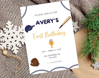 Editable Baseball First Birthday Invitation, Baseball Birthday Party, Sports Theme Birthday Invite, Editable Boy Birthday Invitation
