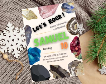 May include: A colorful invitation with a rock theme for a 10th birthday party. The invitation features a variety of colorful gemstones and the text "Let's Rock! Come Join us to celebration SAMUEL turning 10 24 April, 2030 at 3:00 pm 123 Anywhere St., Any City, ST 12345 RSVP at +123-456-7890".