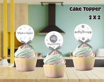 Editable Disco Party Cupcake Toppers | 2x2 Inch Round Templates | Silver & Black Sparkle Dance Party Decorations | Printable Disco Ball Tags
