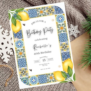 Editable Blue Tile Lemon Theme Birthday Invitation Template, Mediterranean Style Party Evite, Summer Birthday Invitation, Instant Download