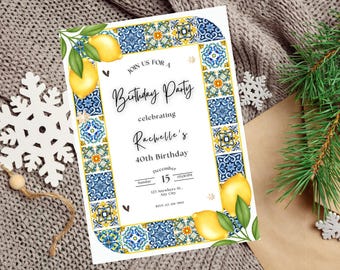 Editable Blue Tile Lemon Theme Birthday Invitation Template, Mediterranean Style Party Evite, Summer Birthday Invitation, Instant Download