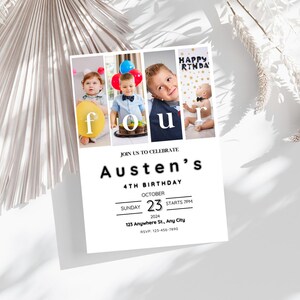 K&ouml;nnte beinhalten: Eine wei&szlig;e Geburtstagseinladung mit einer Schwarzwei&szlig;-Fotocollage eines Jungen, der seinen vierten Geburtstag feiert. Die Einladung enth&auml;lt den Text "Join us to celebrate Austen's 4th Birthday", "Sunday, October 23, 2024, Starts 7PM", "123 Anywhere St, Any City", und "RSVP 123-456-7890".