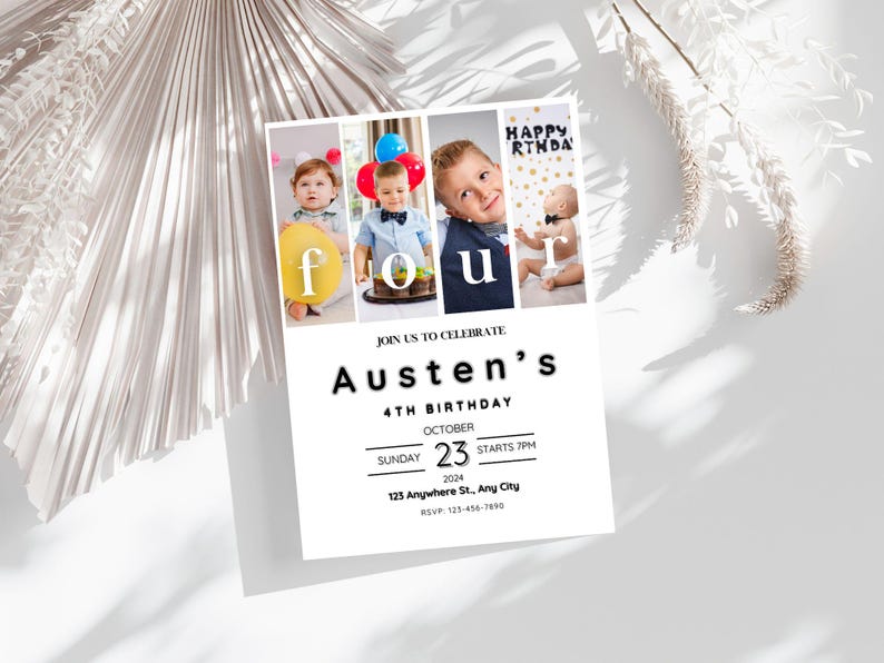 K&ouml;nnte beinhalten: Eine wei&szlig;e Geburtstagseinladung mit einer Schwarzwei&szlig;-Fotocollage eines Jungen, der seinen vierten Geburtstag feiert. Die Einladung enth&auml;lt den Text "Join us to celebrate Austen's 4th Birthday", "Sunday, October 23, 2024, Starts 7PM", "123 Anywhere St, Any City", und "RSVP 123-456-7890".