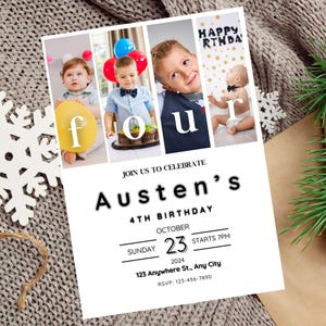 Faire-part photo modifiable pour quatre anniversaires, modèle minimal d'invitation d'anniversaire, invitation moderne pour 4e anniversaire, invitation pour 4e anniversaire fille ou garçon
