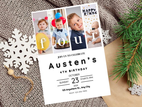 Editable Four Birthday Photo Invitation, Minimal Birthday Invitation Template, Modern 4th Birthday Invite, Girl or Boy 4th Birthday Invite