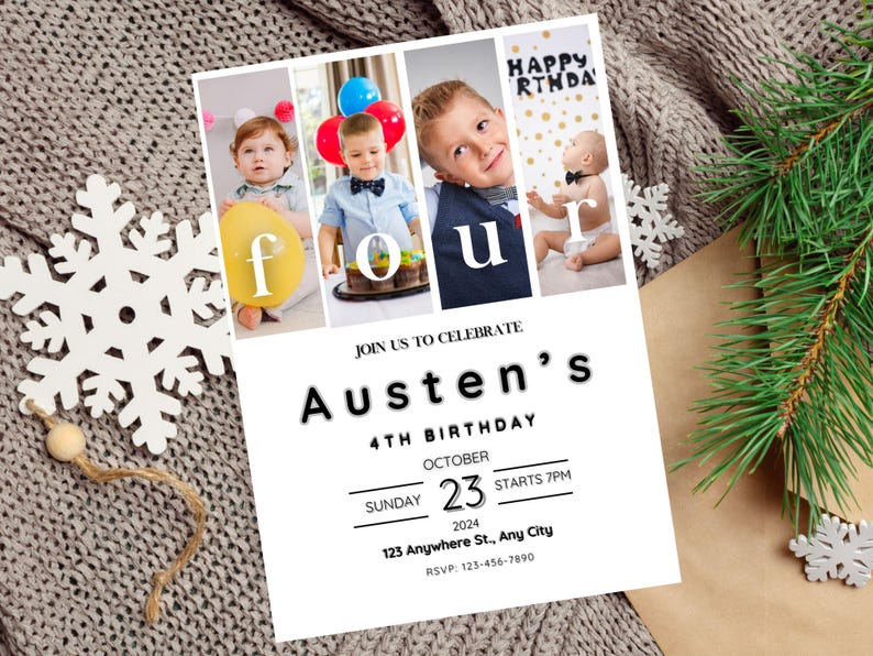 K&ouml;nnte beinhalten: Eine wei&szlig;e Geburtstagseinladung mit einer Fotocollage eines Jungen, der seinen vierten Geburtstag feiert. Die Einladung lautet "Feiern Sie mit uns Austens 4. Geburtstag" und enth&auml;lt Datum, Uhrzeit und Ort der Party.
