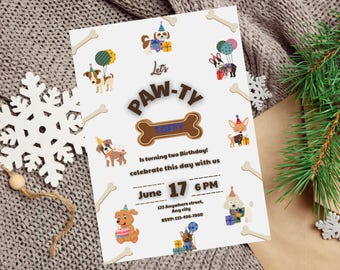 May include: A white invitation card with a paw print design and the text "Let's Paw-Ty" in brown letters. The card is decorated with cartoon dogs and bones. The text "June 17 6PM" is printed in blue and black. The card is for a birthday party.