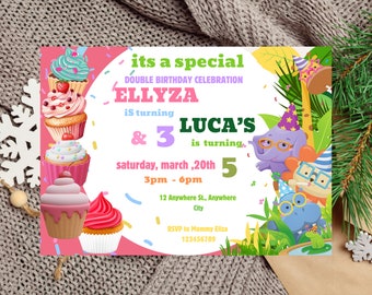 Editable Dual Invitation, Double Invitation Template, Sibling Twins Birthday Invitation, Combined Birthday, Two Theme Birthday Invite
