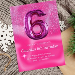 Editable Pink 6th Birthday Invitation Template, Glitter Birthday Party Invite, Rainbow Foil Girl 6th Birthday Template Instant Download