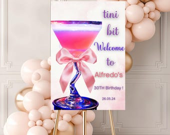 Martini Birthday Welcome Sign | Editable Birthday Sign with Bow Decor | Cocktail Party Bar Sign | Digital Printable Template