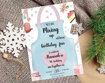 Invito per festa di compleanno di pasticceria modificabile, invito di compleanno di "We are Mixing Up", modello di invito per il nostro piccolo chef, festa di pasticceria per bambini