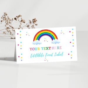 Carte étiquette alimentaire arc-en-ciel 3,5 x 4 po, modèle d'étiquette alimentaire arc-en-ciel coloré, carte alimentaire pliée éditable, fête d'anniversaire, baby shower imprimable