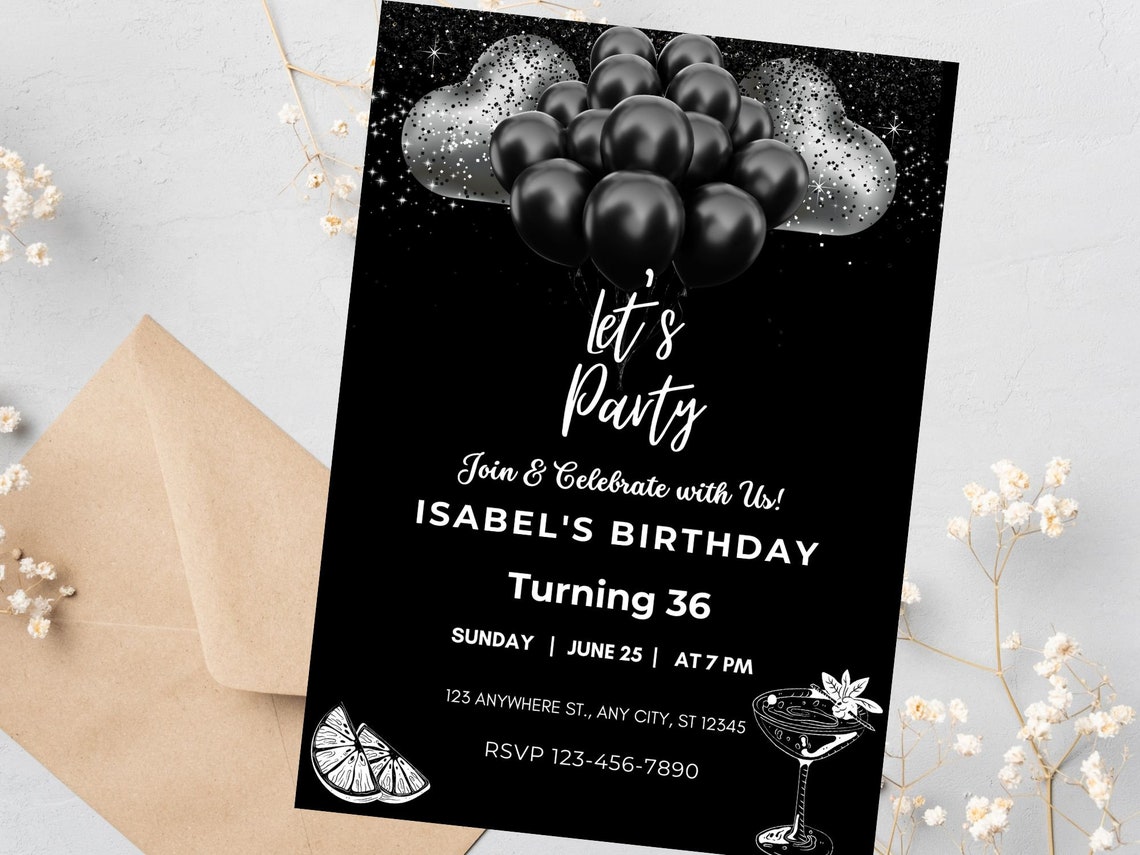 Editable Birthday Invitation Black Invitation Let's Party Black ...