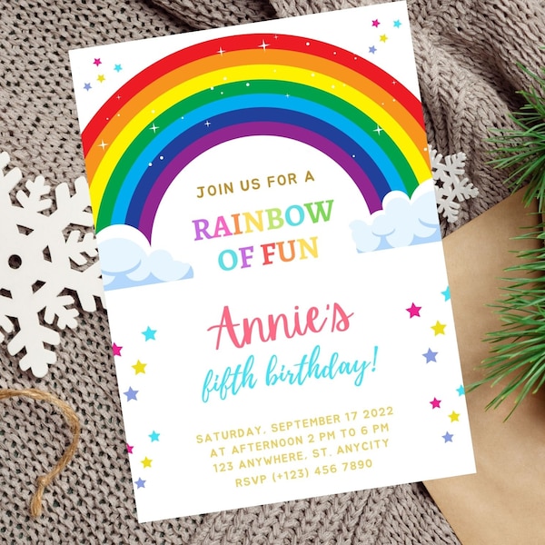 Editable Rainbow Invitation, Rainbow Birthday Invitation, Rainbow Template Download, Digital File