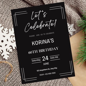 Festeggiamo l'invito di compleanno, invito modificabile per la festa di compleanno a sorpresa, invito per l'anniversario della cena di compleanno, invito in bianco e nero