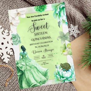 Invitación editable para fiesta de quinceañera de princesa rana, temática de cuento de hadas, plantilla de invitación de cumpleaños de niña mágica