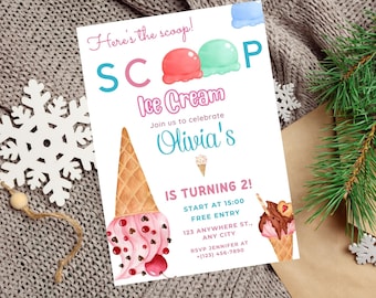 Editable Ice Cream Birthday Invitation, Ice Cream Party Template, Here's the Scoop Birthday Printable, Sweet One Phone Invite