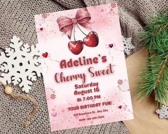 Cherry Sweet Birthday Invitation | Pink Bow Girl Party Invite | Cute Cherries Birthday Template | Editable Canva | Digital Download