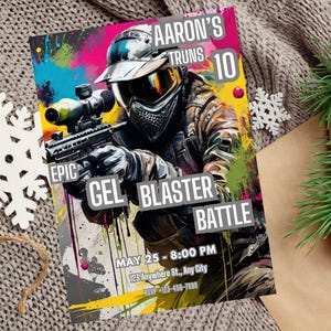 Modèle d'invitation d'anniversaire modifiable Gel Blaster, invitation numérique à une fête pour enfants ou adolescents, thème Battle Party, impression sur toile à télécharger