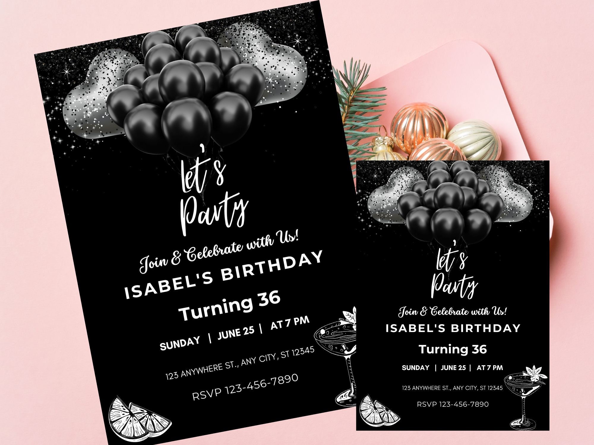 Editable Birthday Invitation Black Invitation Let's Party Black ...