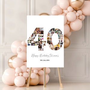 40th Birthday Photo Collage Template, Photo Collage Sign, Canva Frame Template, Birthday, Gift For Her, Number 40 Collage, Number Collage