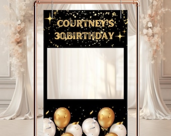 Cornice per Photo Booth modificabile in oro e nero, cornice per Photo Booth con palloncino dolce per compleanno, modello stampabile per cornice per foto, cornice per selfie di compleanno