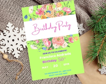 May include: A green and white birthday party invitation with a floral design. The text reads "Birthday Party", "Join us to celebrate!", "Francisco Andrade", "Birthday 50th", "May 20 5PM", "123 Anywhere St., Any City", and "RSVP +123 456 7890".