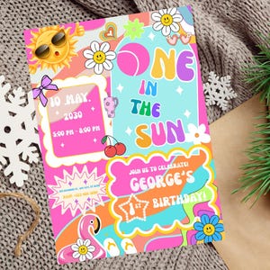 Editable One in the Sun First Birthday Invitation, Groovy Pool Party Template, Summer Beach Ball 1st Birthday Invite, Instant Download
