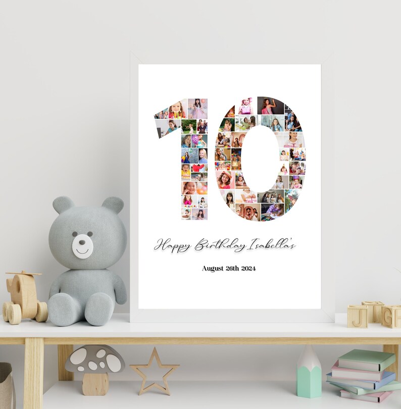 K&ouml;nnte beinhalten: Ein wei&szlig;er Foto-Collage der Zahl 10, die aus Fotos besteht. Die Zahl ist von einem wei&szlig;en Rand umgeben. Der Text "Happy Birthday Isabella's" und "August 28th 2024" befindet sich unter der Zahl.