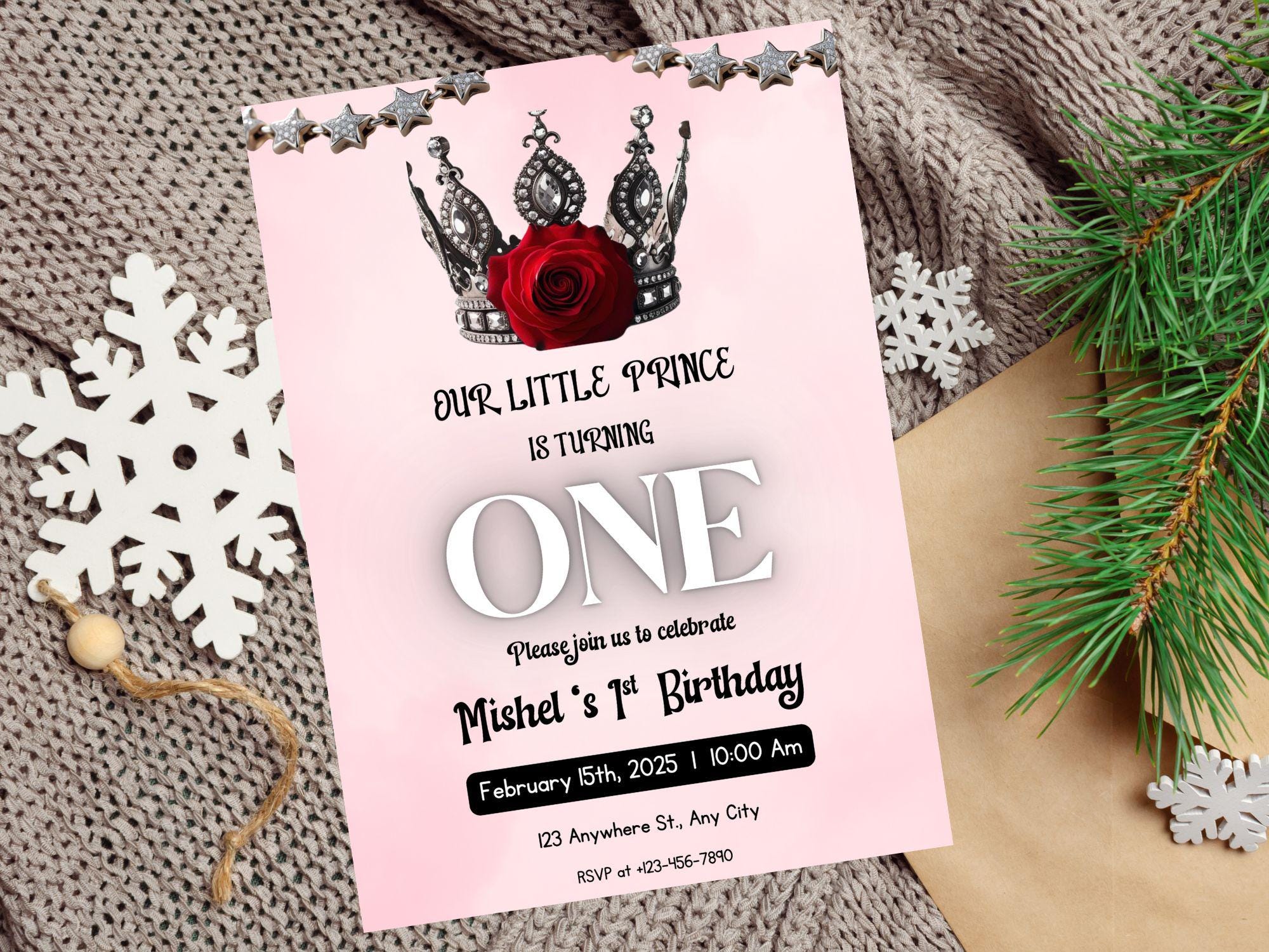 Editable Princess Crown Birthday Invitation – Red Rose & Silver Crown Floral Party Invite – Royal Pink Theme Printable, Girls Birthday Party