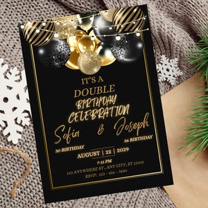 Editable Adult Joint Birthday Invitation, Black Gold Balloon Theme, Double Celebration Printable, Canva Template, Instant Download