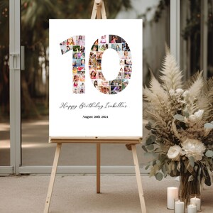 K&ouml;nnte beinhalten: Ein wei&szlig;er Poster mit einer gro&szlig;en Zahl 10, die aus Fotos besteht. Die Zahl ist umgeben vom Text "Happy Birthday Isabella's" und "August 28th 2024".