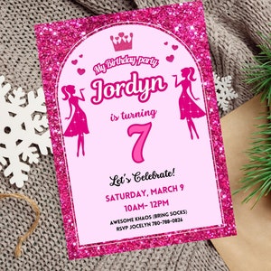 Rosa Puppen-Geburtstags-Party Einladung Pink Sparkle-Einladung Glitter Rosa Einladung Vorlage Geburtstag einladen für Mädchen Leinwand Vorlage 5 x 7 Zoll
