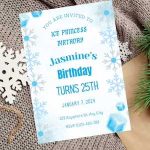 Eis Prinzessin Schnee Geburtstagseinladung, Schnee Geburtstag einladen, Wintereinladung, Schneeflocke Einladung, Prinzessin Party Karte, Geburtstag jedes Alter