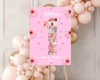 Placa comemorativa do primeiro aniversário da Daisy, pôster da Daisy para meninas, colagem de fotos da Daisy, primeiro aniversário da Daisy rosa, pôster com grade de fotos, painel de fotos