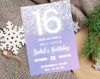 May include: Purple and silver glitter birthday invitation with the number 16 in white. The invitation says "Join us for a Sweet Sixteen Isabel's Birthday" with the date and time of the party.
