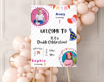 Op de afbeelding: Een welkomstbord voor een dubbele verjaardagsviering. Het witte bord heeft tekst en afbeeldingen, waaronder foto's van twee kinderen. Het bord staat op een gouden ezel, met roze en gouden ballonnen op de achtergrond.