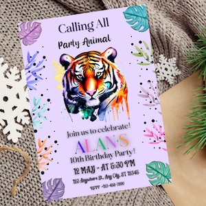 Editable Jungle Party Birthday Invitation, Safari Animal Invite, Rainbow Party Theme, Tiger Celebration Card, Digital Download
