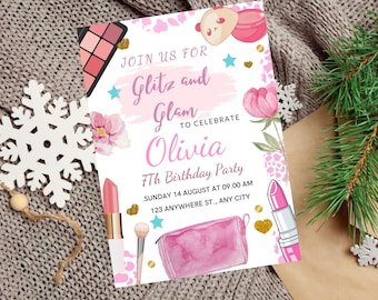 Editable Glitz and Glam Birthday, Party Invitation, Spa Party Makeup Birthday Invitation, Pink Gold Girl Download, Printable Template