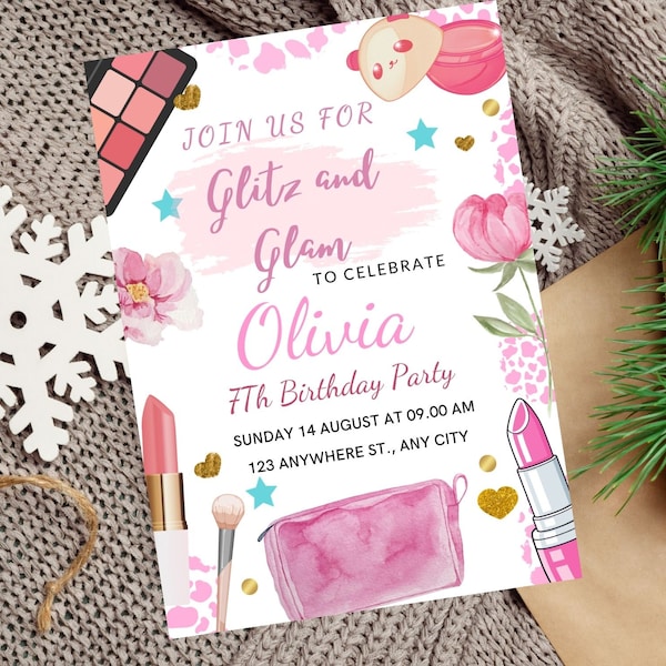 Editable Glitz and Glam Birthday, Party Invitation, Spa Party Makeup Birthday Invitation, Pink Gold Girl Download, Printable Template