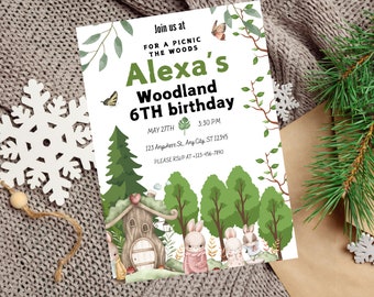 Editable Woodland birthday invitation, Woodland Sixth birthday Party Invitation Template, Woodland Creatures Theme Template, 6th Birthday