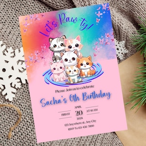 Invito di compleanno a tema gatto modificabile, invito It's a Paw-ty, invito digitale stampabile per festa con gattini, sei tu il mio invito gattino