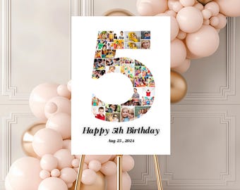 5th Birthday Photo Collage Template, Photo Collage Sign, Canva Frame Template, Birthday Gift, 5th Collage, Family Gift, Gift For Her
