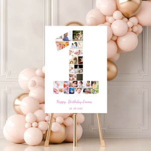 Collage de photos d'anniversaire numéro 1, cadeau d'anniversaire, panneau d'étape important avec photo de premier anniversaire, affiche photo modifiable pour le 1er anniversaire, panneau de fête d'anniversaire