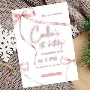 Pink Bow 1st Birthday Invitation Girl, Pink Coquette Bow Invitation, Bow Theme Invite, Minimalist Pink Watercolor Ribbon Birthday Invitation